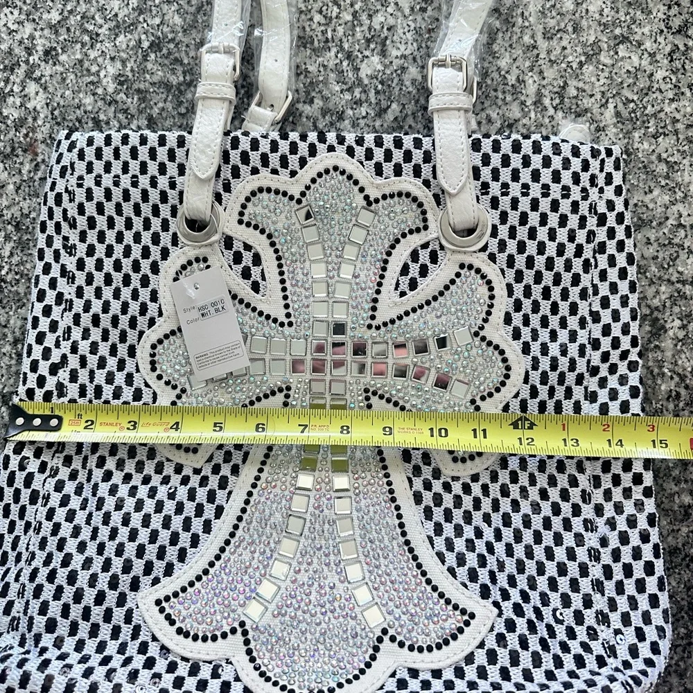 NWT White Woven Tote Bag with Decorative Cross Accent